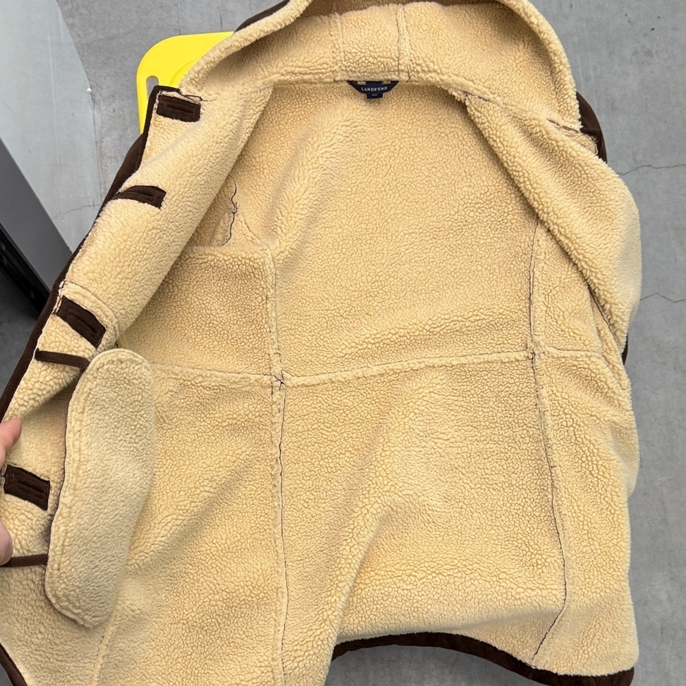 Lands' End, Brown Sherpa Suede Coat with Cream Lining - Picture 4 of 6